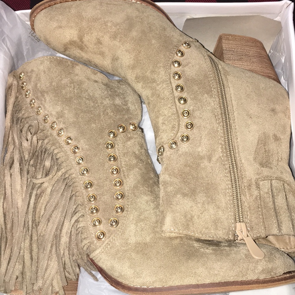 Tan suede fringe booties